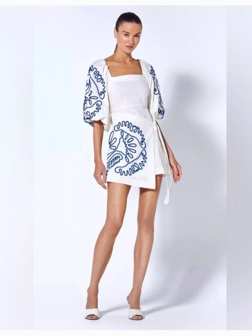 Alexis White Mini Dress with Blue Embroidery